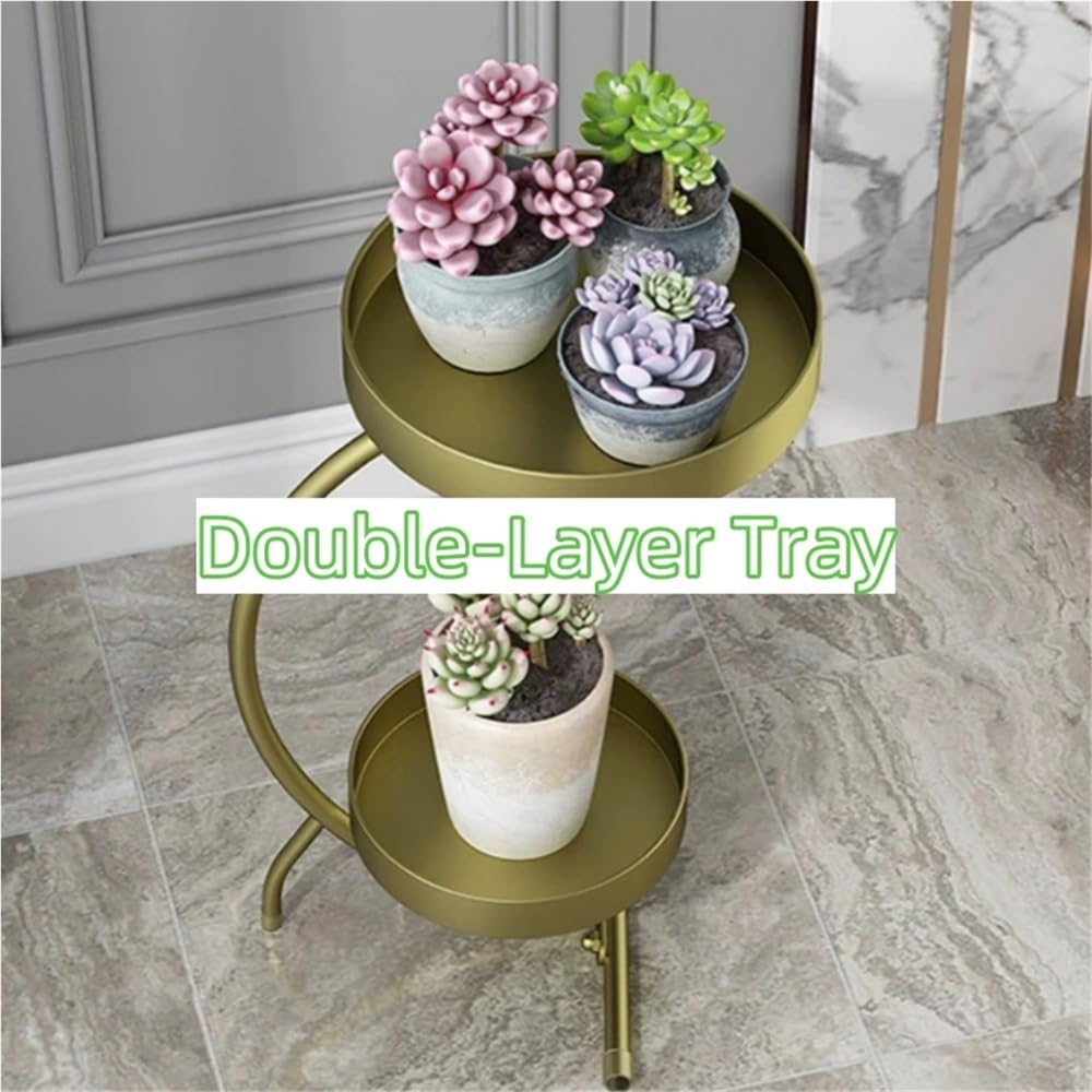 VyhPJg Modern Double-Layer Tray Flower Stand, Floor-Standing Flower Pot Rack, Metal Storage Rack, Suitable for Living Room, Indoor TV Side, Balcony(Pink)