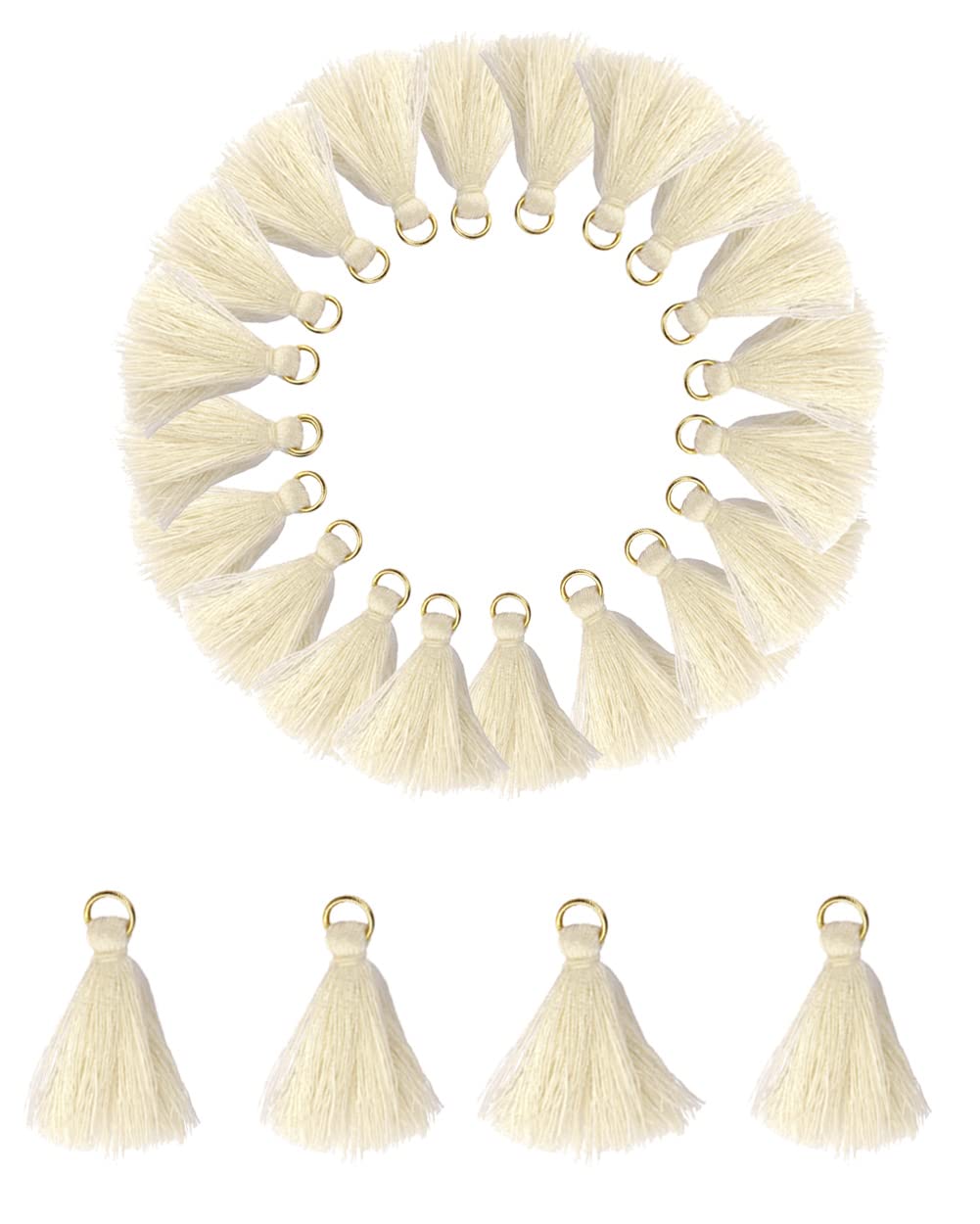 MSCFTFB 100 Pieces Mini Tassels Mala Tassel Kit with Jump Rings for Earring Necklace Jewelry Making Garland Keychain Charms Crafts Decorations(Beige)