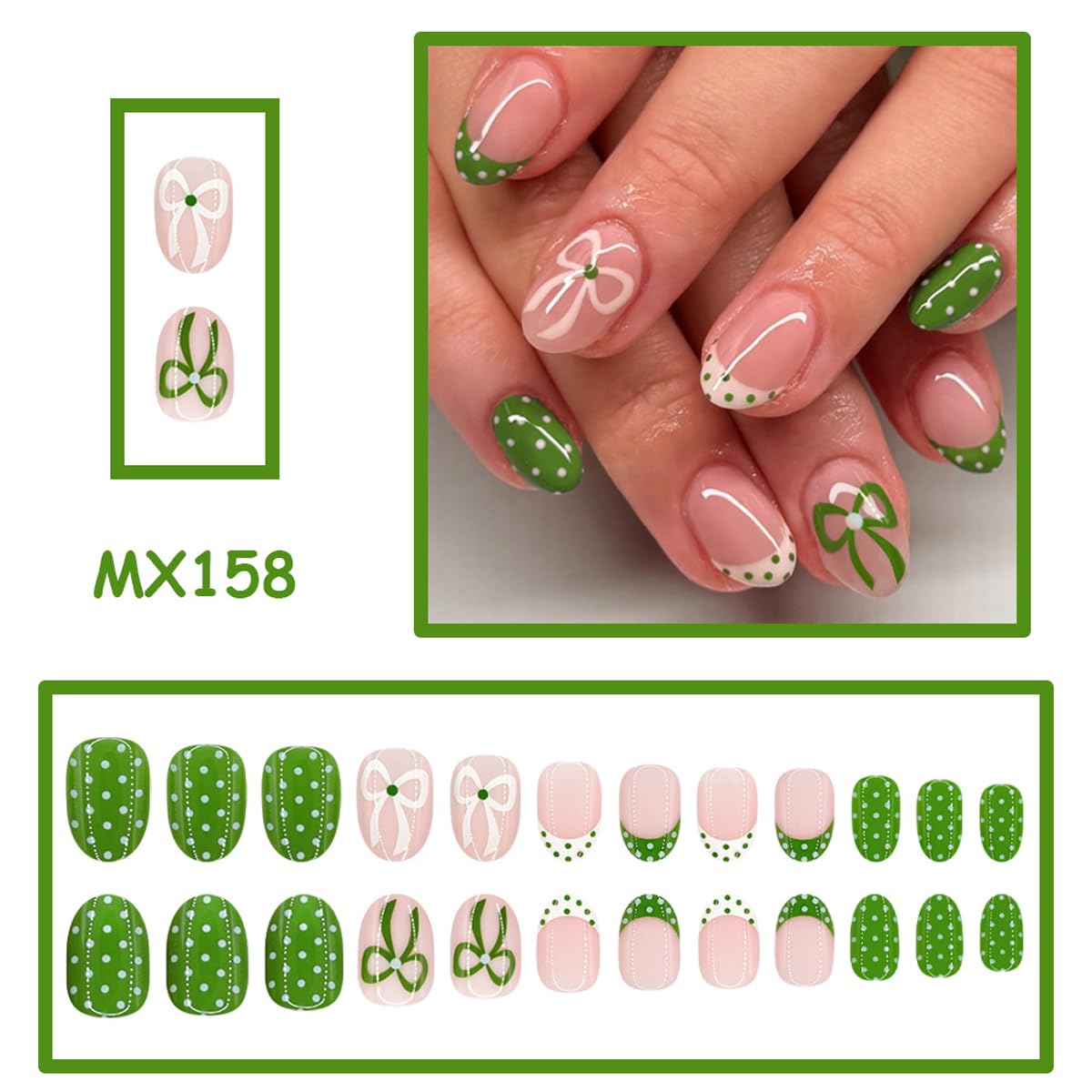 Green Press on Nails Short Oval Fake Nails Cute Spring French Tip Nails Press ons with Polka Dots,Bow Design,Reusable Artificial Nail Full Cover Stick on Nails for Women Manicure 24Pcs