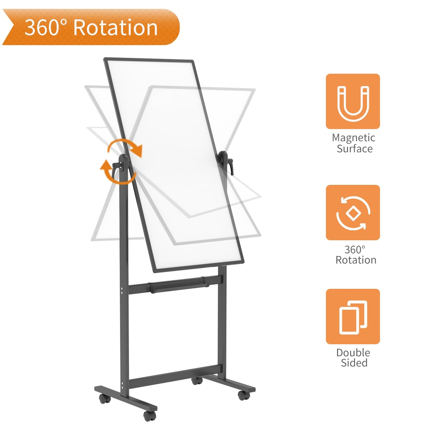 VIZ-PRO Double-Sided Magnetic Mobile Whiteboard, 48 x 24 Inches, Black Aluminium Frame and Stand