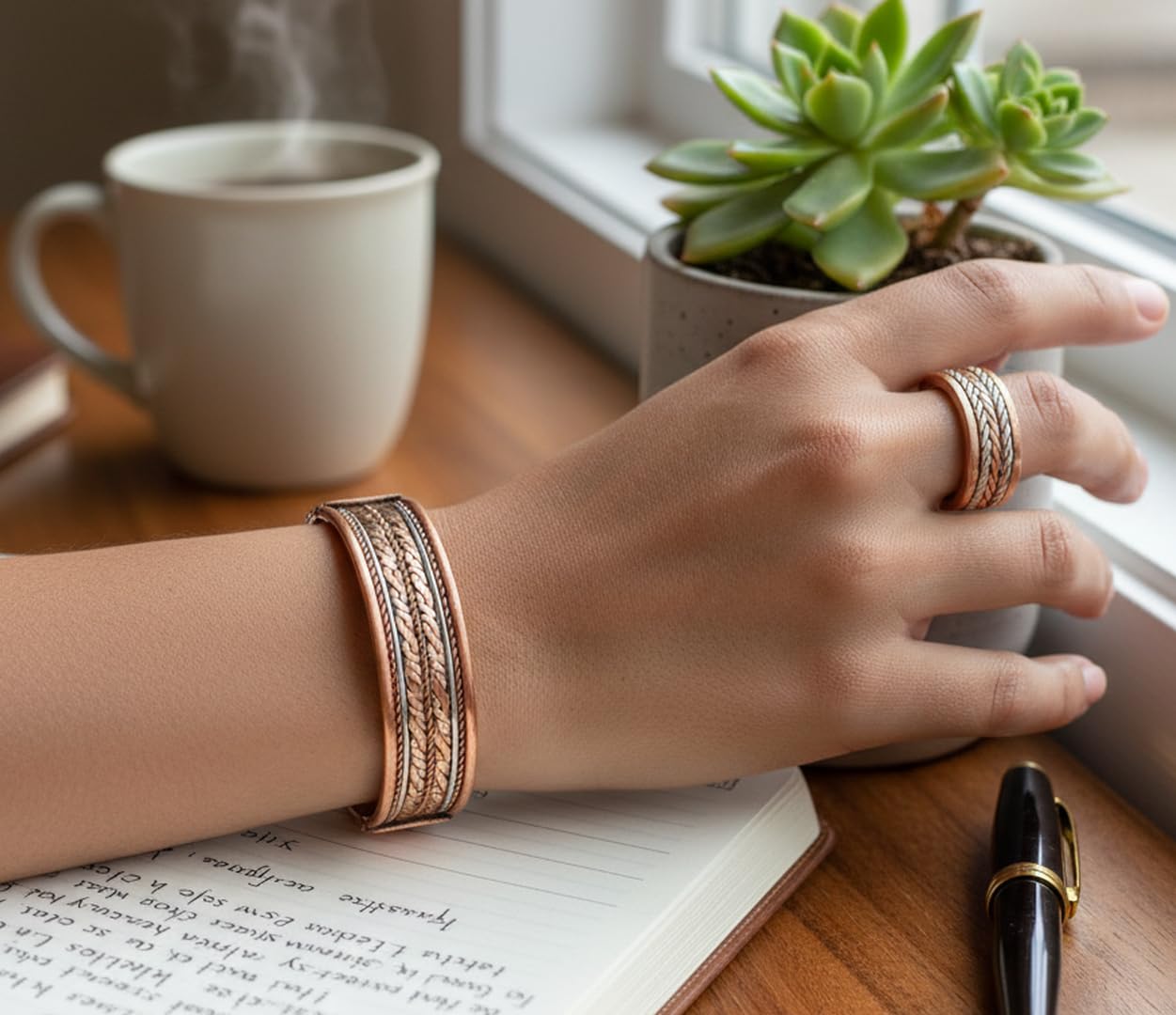 Touchstone Copper Magnetic Hand Forged With Solid And High Gauge Spiral Wire Braided Minimalistic Elegance Pure Copper Bracelet And Matching Ring In Triple Tones.