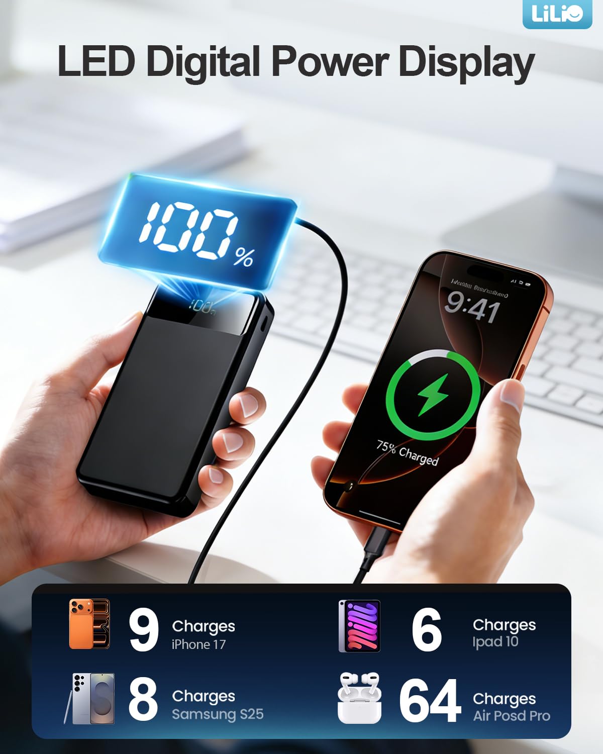 LILIO Portable Charger Power Bank，60,000mAh Battery Pack, 22.5W Power Bank Fast Charging with USB Cable, Phone Charger for iPhone 17/16/15/14/13 All Series/Samsung/Android, Camping Essentials, Black