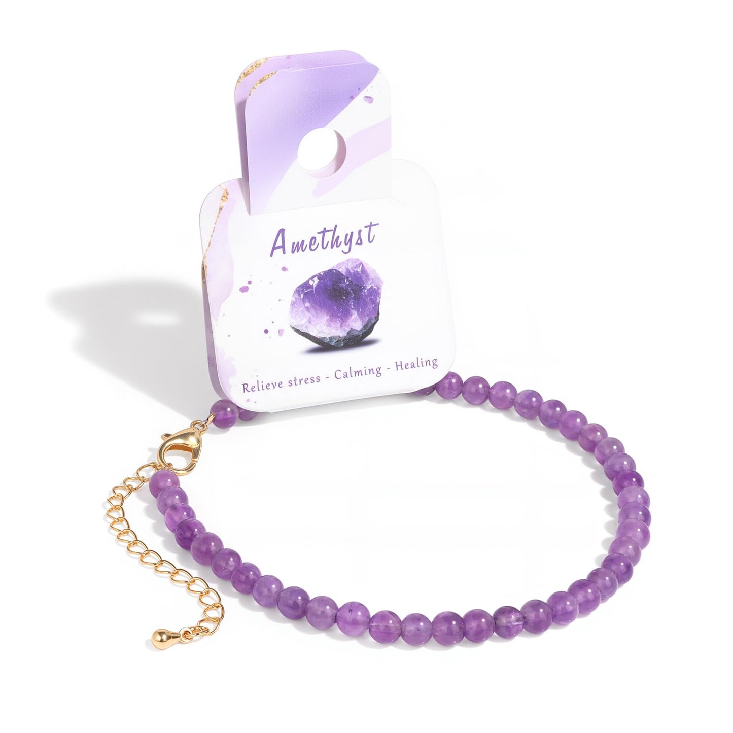 Bolinailo Natural Stone Beaded Anklets for Women, Handmade Boho Amethyst 4mm Crystal Beads Anklet, Gold Chain Adjustable Ankles Bracelet, Beach Summer Jewelry Gift