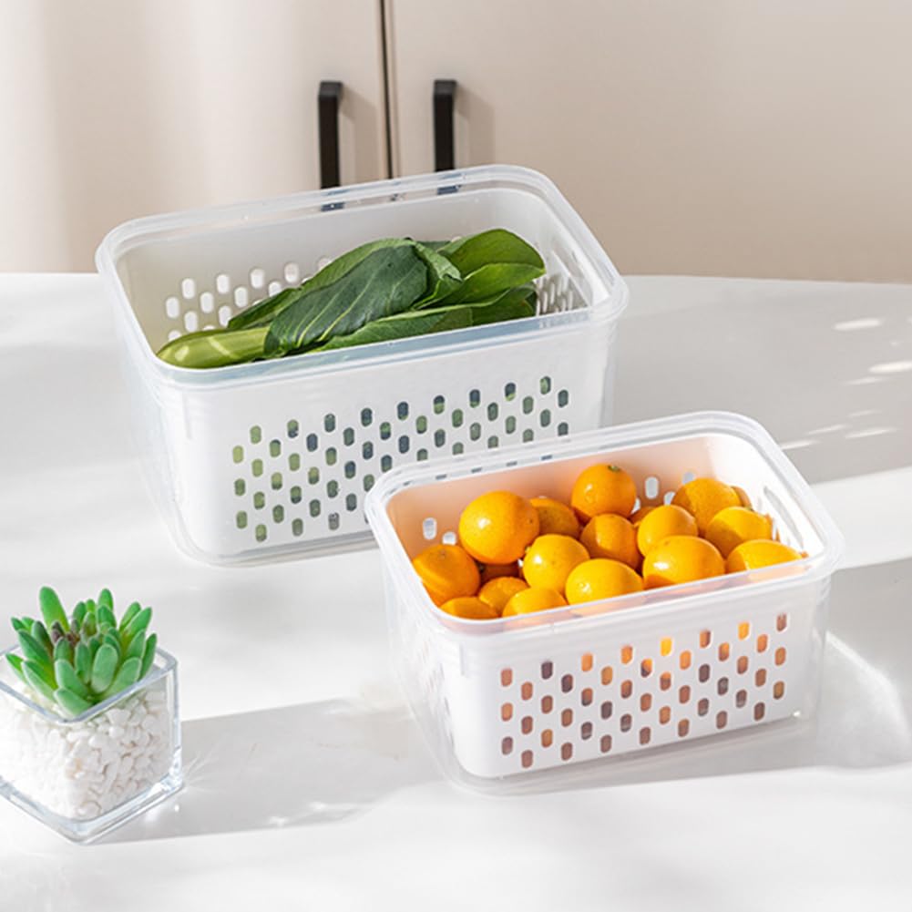 iayokocc 2 Pack Fruit Storage Containers for Fridge, Stackable Food Storage Containers with Removable Colander, Refrigerator Organizer with Drain Baskets Lids- Keeping Food Fresh Longer
