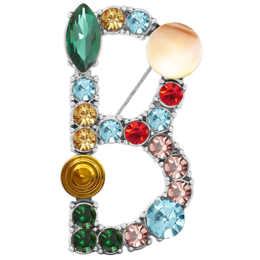 XGALBLA Letters B Plated Metal Stone Clear Colorful Crystal Lapel Pin Brooches Collar(Silver Tone)