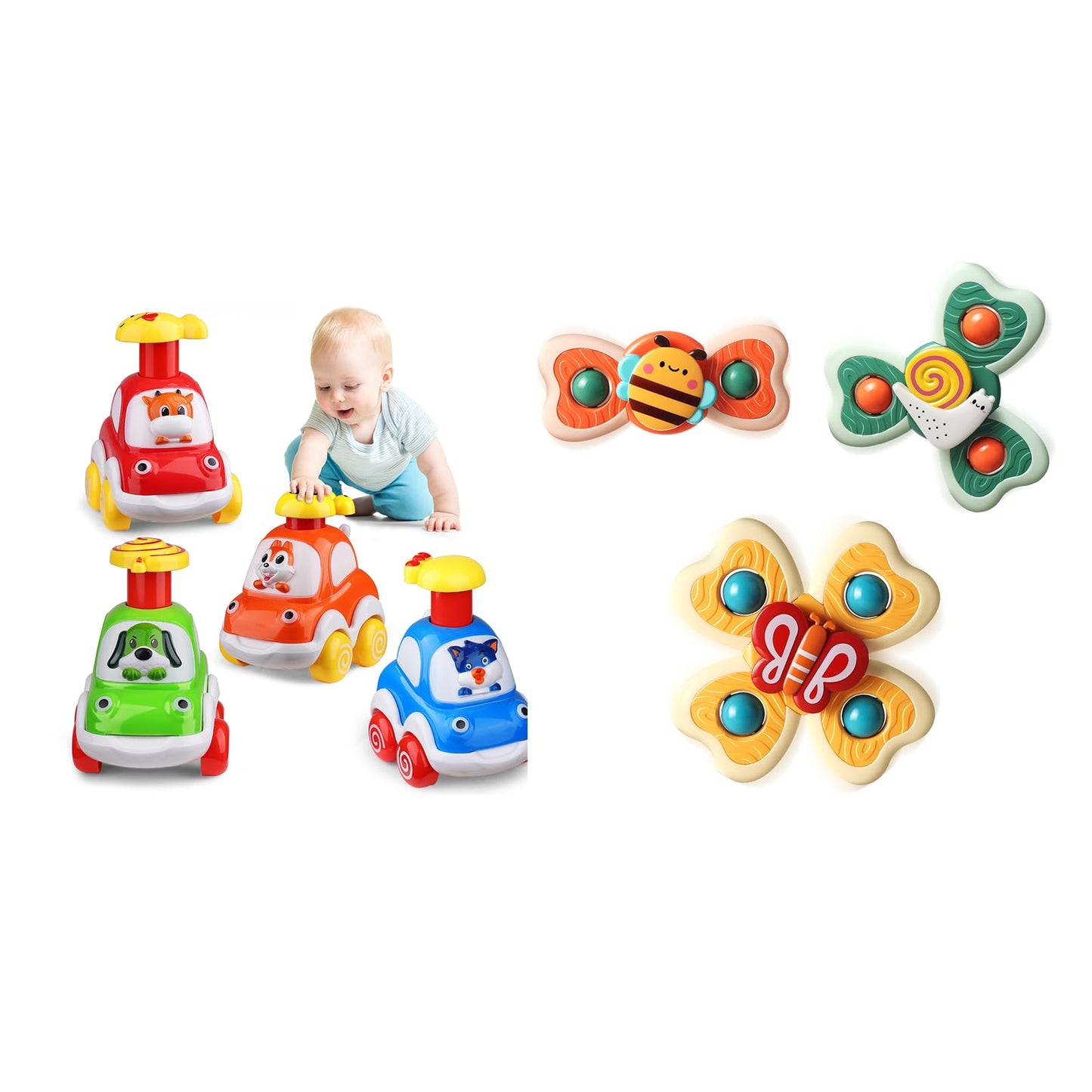 ALASOU 4 PCS Animal Car Toys and 3 PCS Suction Cup Rotating Toys for Infant and Toddlers