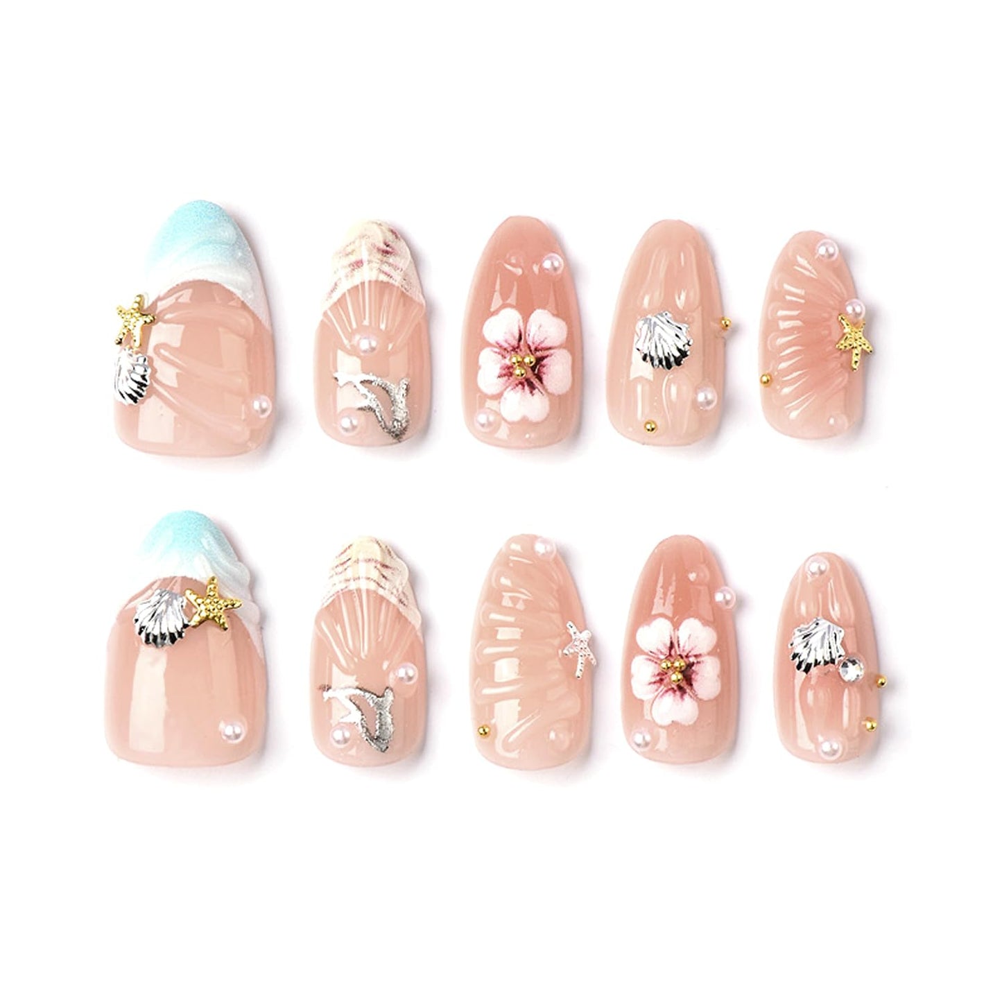 Summer Beach Press on Nails Medium Almond Fake Nails 3D Flower Pearls Design False Nails Silver Ocean Starfish Seashell Rhinestone Acrylic Nails Water Ripples French Tip Stick on Nail for Women 30Pcs