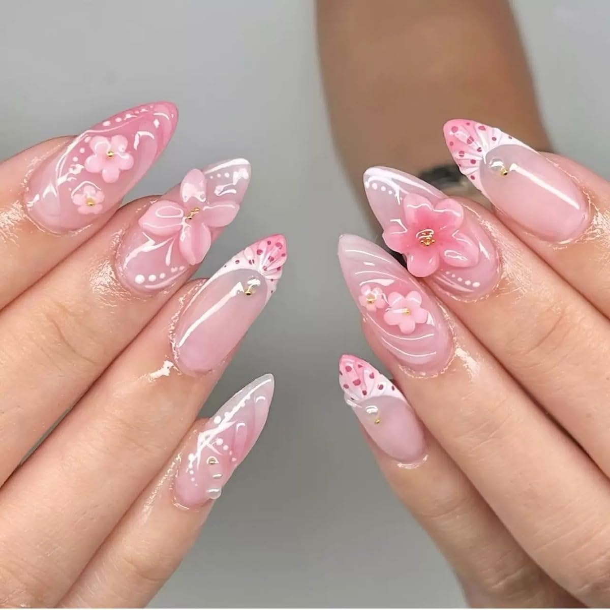 CTTHNBD Medium Press on Nails Almond - Pink Fake Nails with 3D Flower Design - Spring, Ombre False Nails Press ons - for Women 24 Pcs