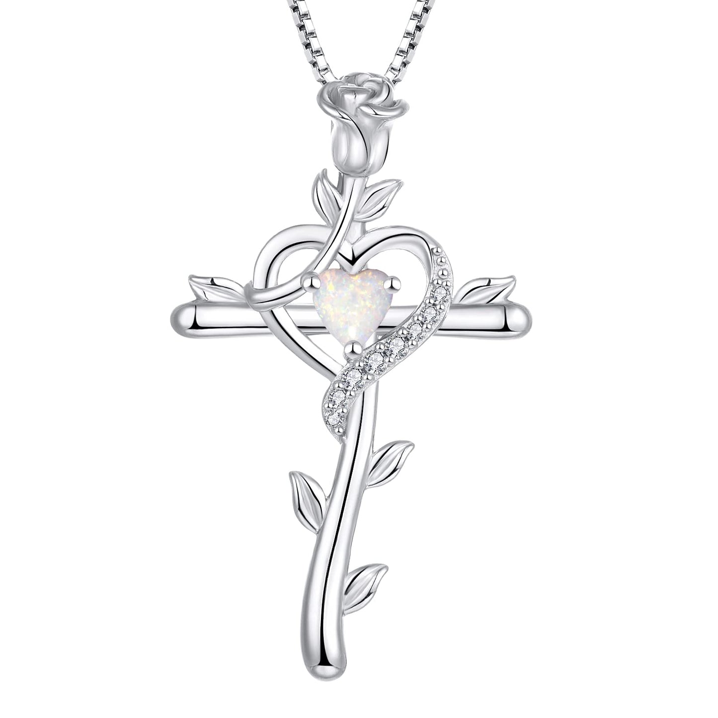 STARCHENIE Rose Cross Necklace, 925 Sterling Silver, Created Opal Heart Pendant, Crucifix Jewelry Gift for Women