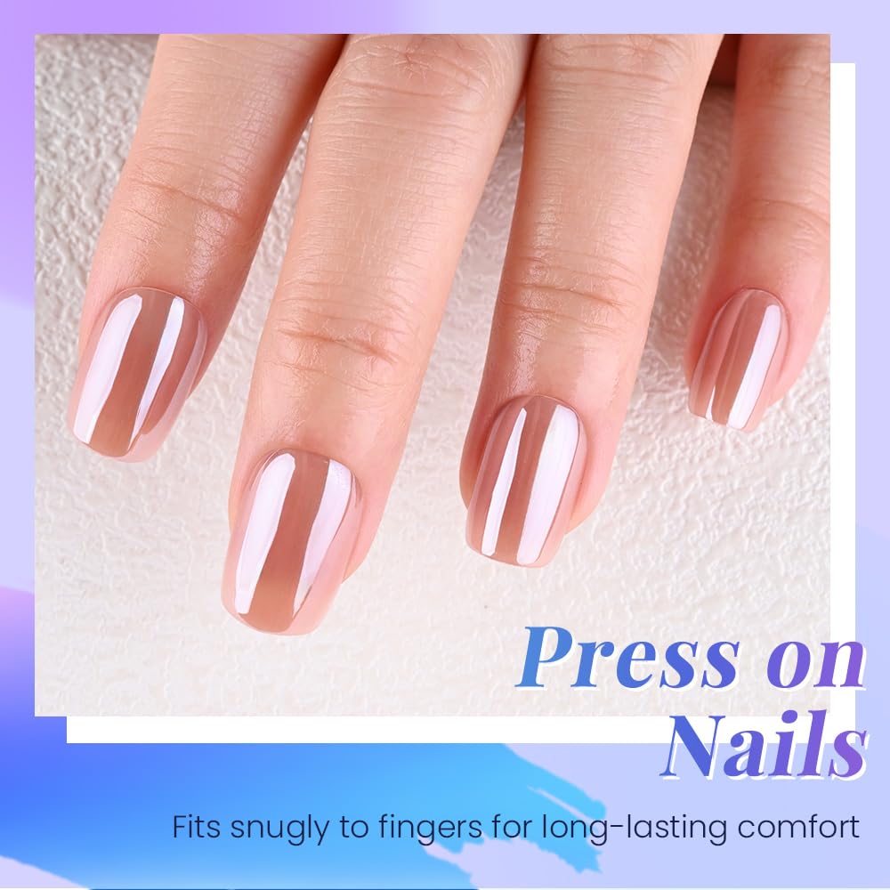 evpct Nude Glazed Press on Nails Short Square No Glue, Petite Short Square Chrome Metallic Aurora Stick on Nail for Women Gift, Reusable Full Cover Soft Press on Nail Perfectly Fit with Glazed Design