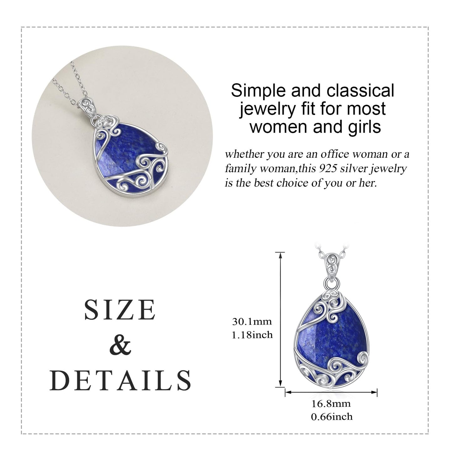 YAFEINI 925 Sterling Silver Lapis Lazuli Necklace Filigree Teardrop Pendant Necklace Jewellery for Women (P-Lapis Lazuli)
