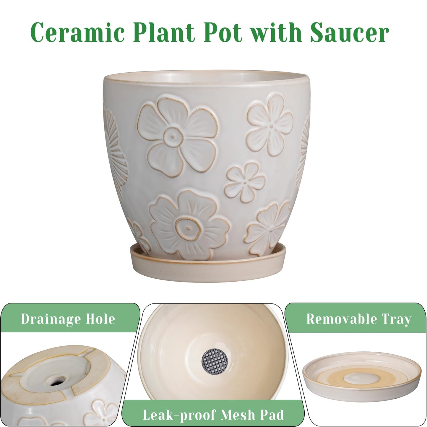 MPotTo 10 Inch Ceramic Planter Pot Large Plant Pot for Indoor Plants Outdoor Round Flower Pot with Drainage Hole and Saucer for Home Garden Decor White