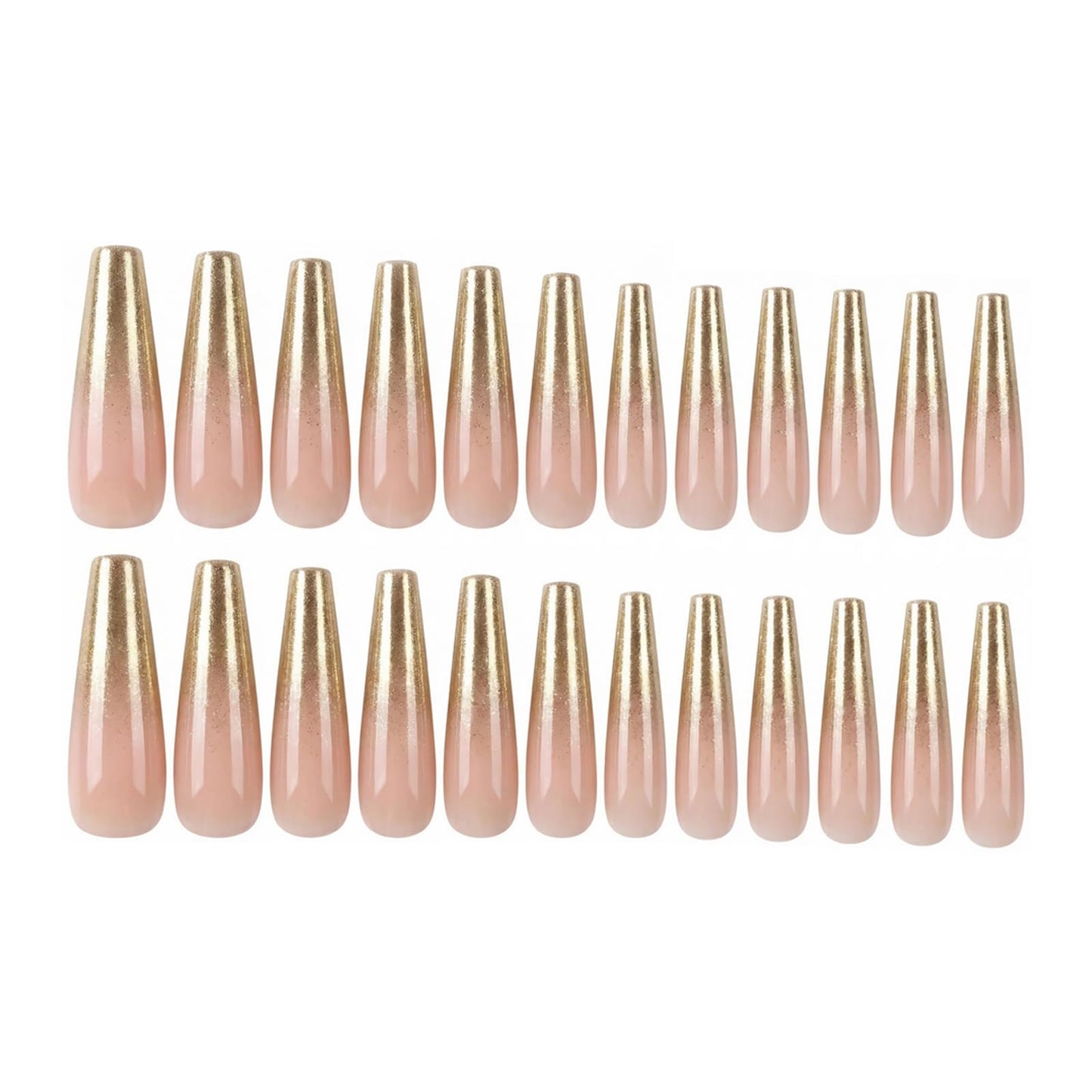 MISUD Press on Nails - Long Coffin Fake Nails with Nude Gel, Acrylic Bling Gold Glitter Design 24 pcs