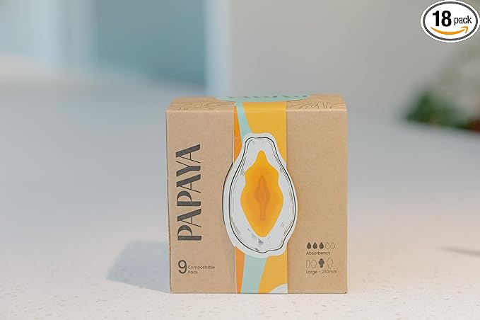 Papaya Safe and Compostable Menstrual Pads for Women - Pack of 2 Boxes (18 Pads), Combats Rashes and Odors, Biodegradable, Leakproof, No Fragrance, Wide, Soft Wings Large - 280mm x 75mm