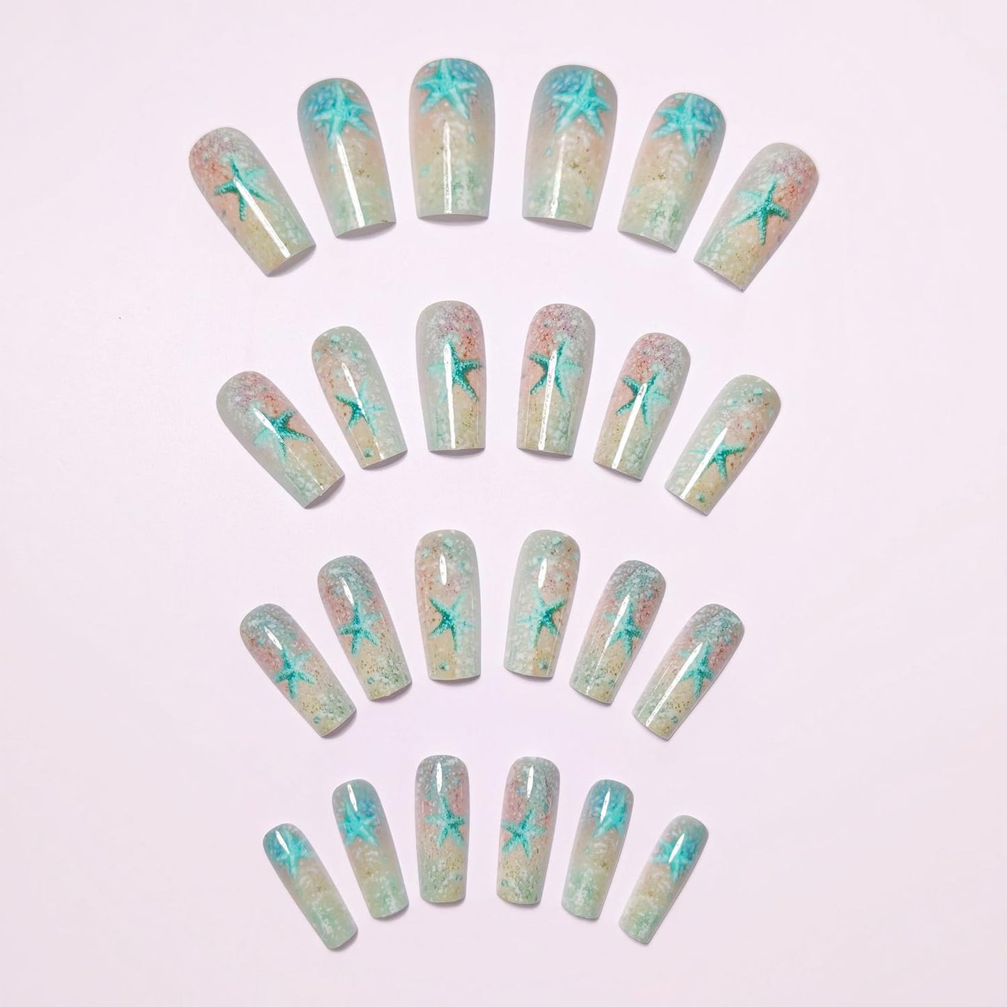 LOPMNGHT Press on Nails Medium Square Nails Artificial Acrylic Fake Nail Light Blue Starfish with Glitter Powder Design Glossy Stick on Nail Full Cover Reusable Coffin Fingernails for Women 24Pcs