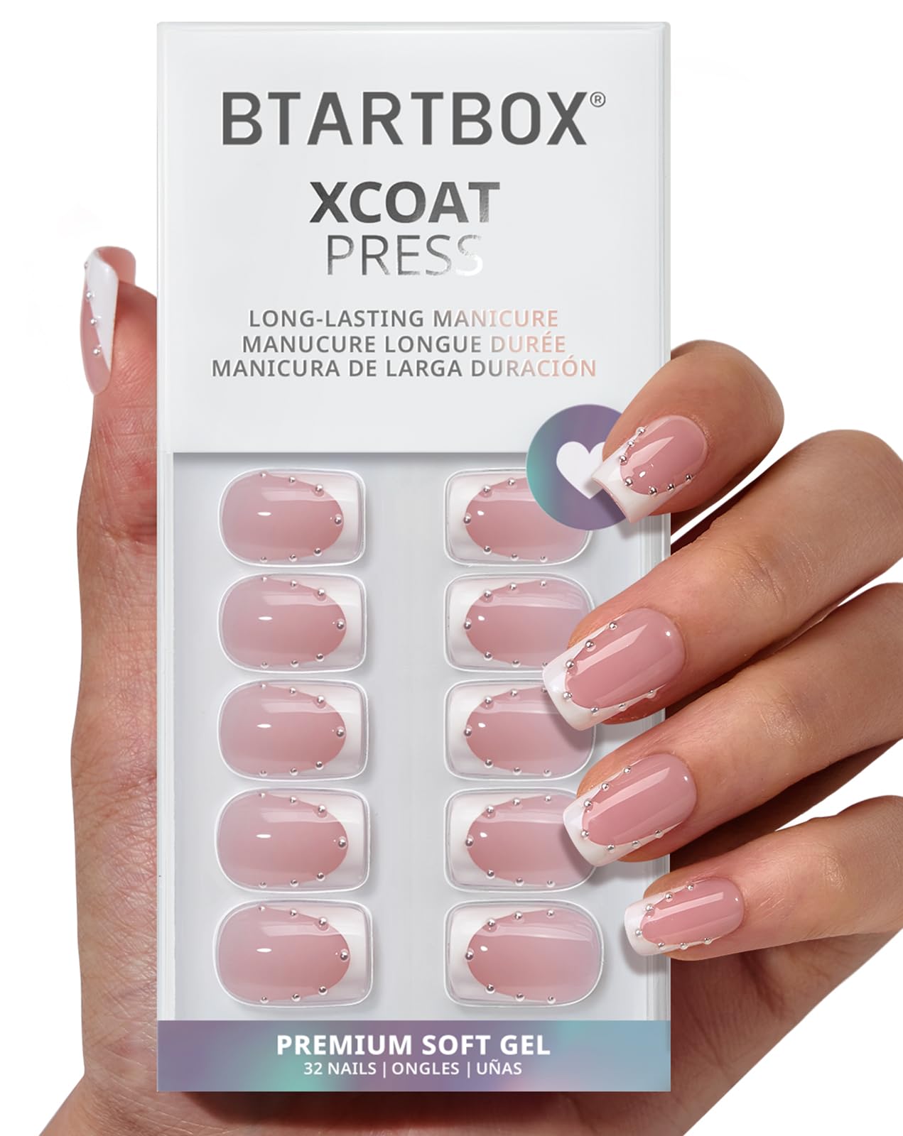 BTArtbox French Tip Press On Nails - Steadfast Vow, Lamp-Curable 4-Week Wear Pink Short Square Press On Nails with Glue and Adhesive Tabs, Easy-to-Apply in 16 Sizes - 32 Nails All-in-One Kit