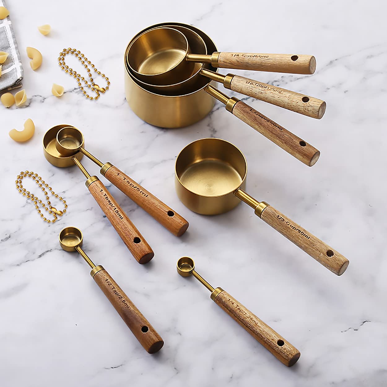 Dadamong Measuring Cups and Spoons Set of 8, Stainless Steel Gold Measuring Cups Kit with Wooden Handle, Kitchen Cooking Baking Spoons Tool Set for Solid and Liquid Iingredients