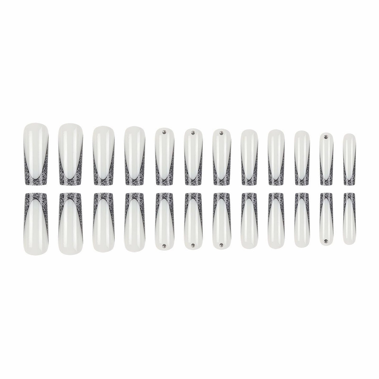 MISUD Press on Nails - Long Square Fake Nails with Black French Tip, Acrylic Bling Glitter Design 24 pcs