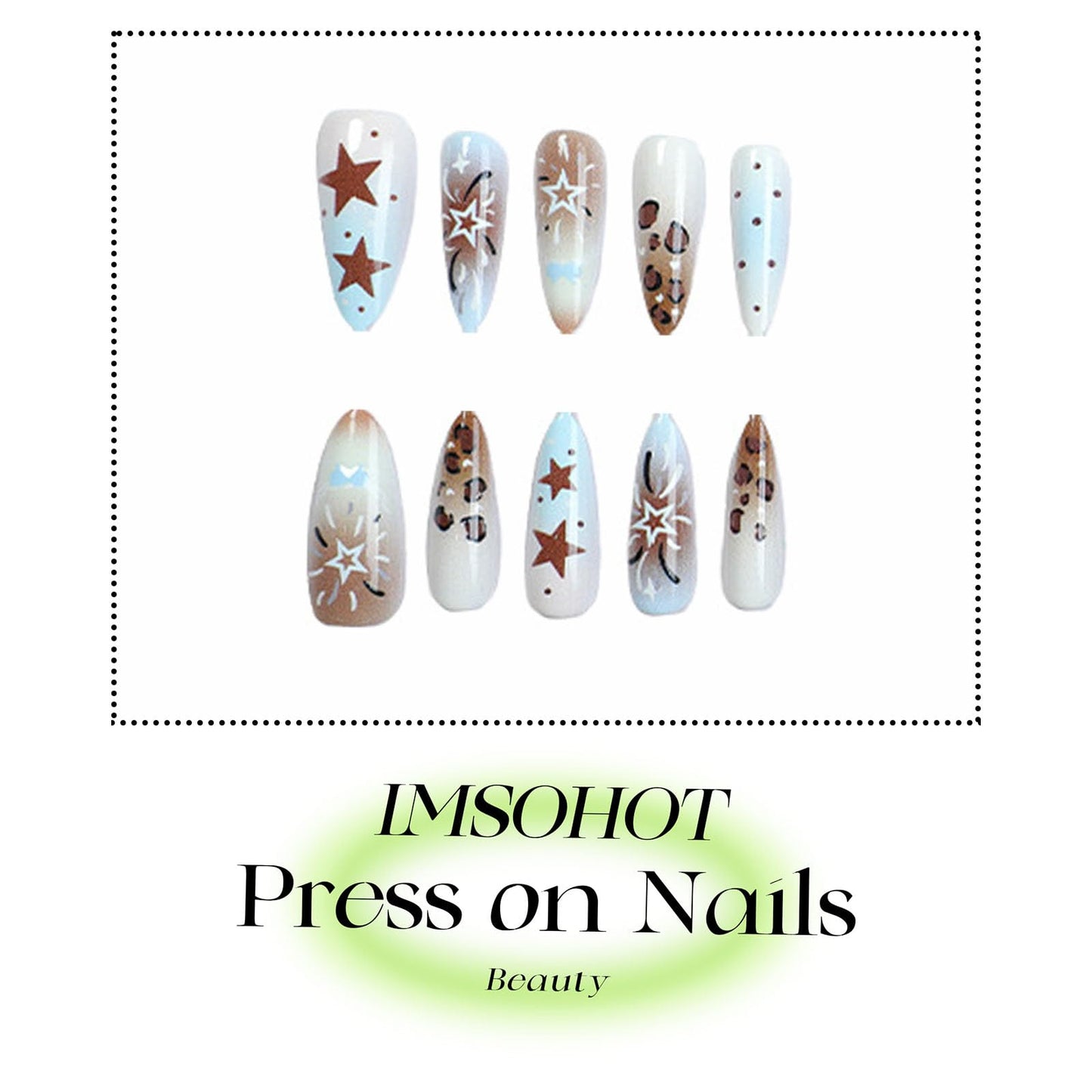 IMSOHOT Press on Nails Long Stiletto Fake Nails Glossy Brown Blue Ombre Acrylic False Nails Full Cover Leopard Print & Star Designs Glue on Nails for Women 24Pcs