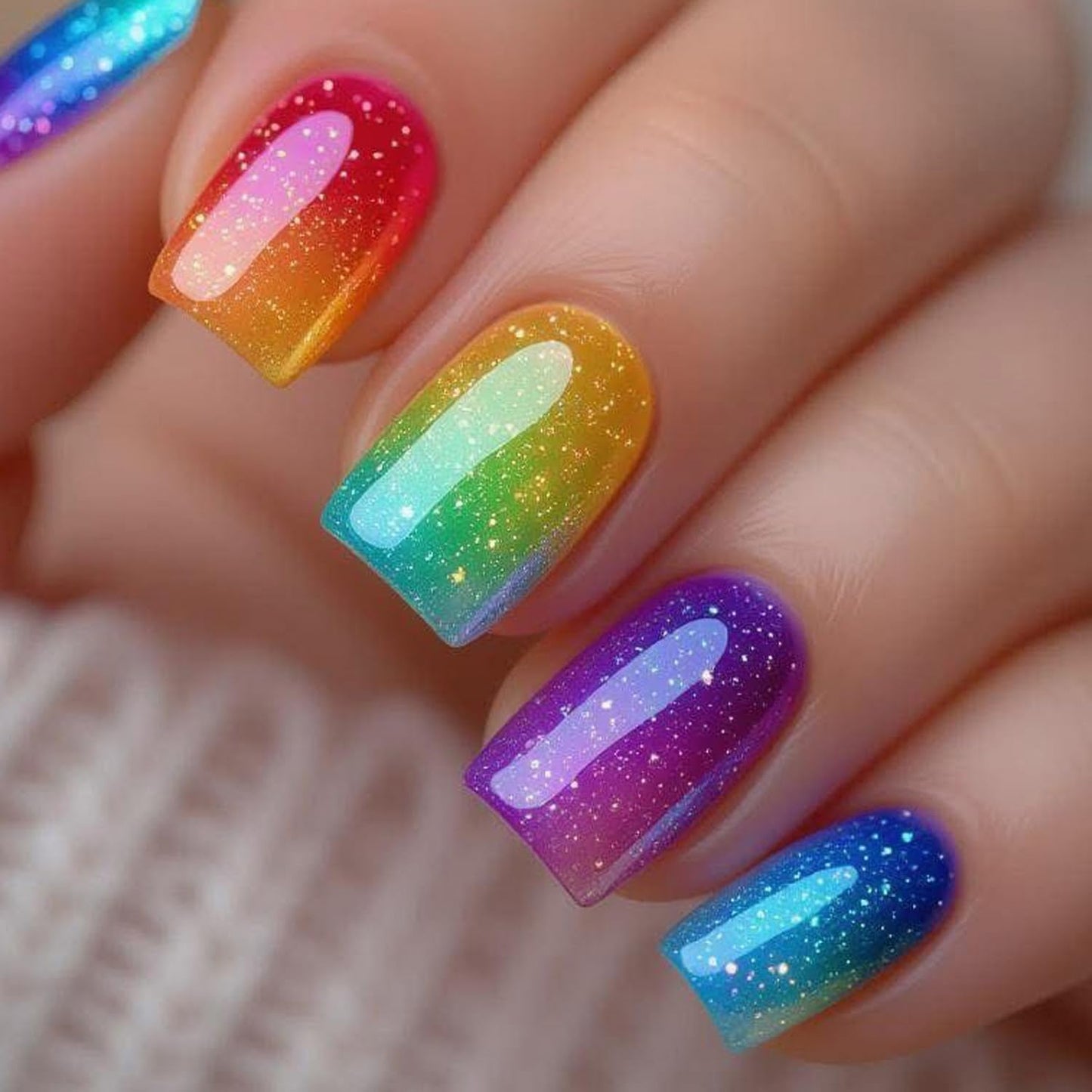 Colorful Press on Nail Short Square Fake Nails Full Cover Gradient Press ones with designs Stick on Nail Glossy Summer Glue on Nails Glitter Reusable False Nails for Women 24pcs