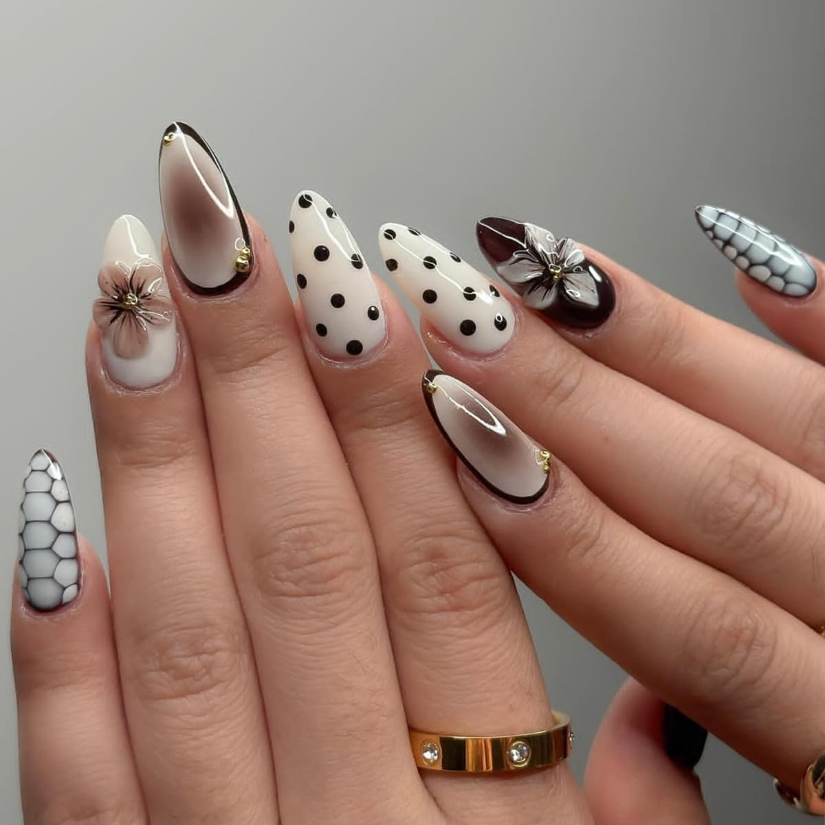 Medium Almond Press On Nails - White Fake Nails with Flower, Black Polka Dot & Crocodile Print Design,Reusable Glue On Nails for Women Daily Manicure 24Pcs