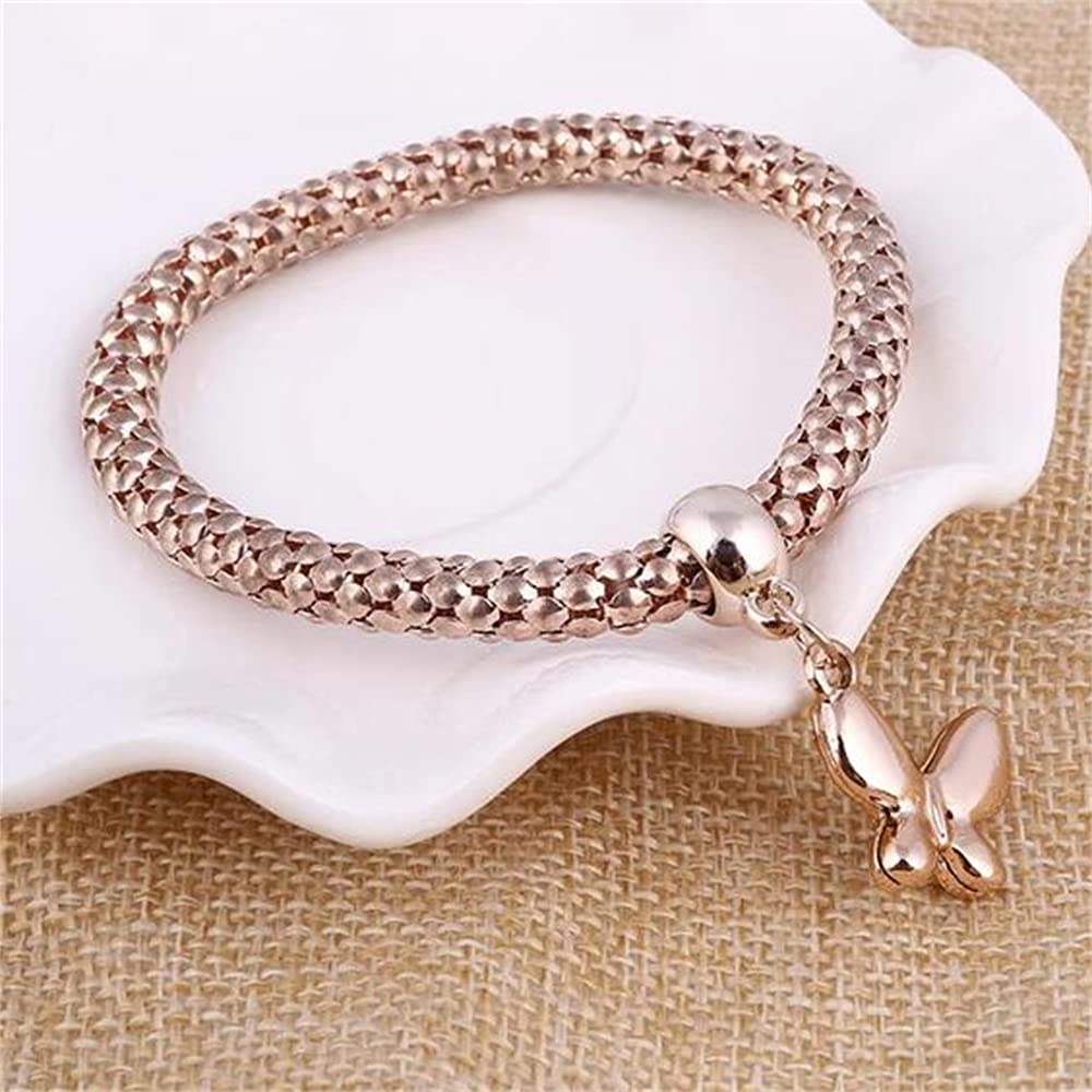 SILANER Crystal Charms Multilayer Bracelets - 3PCS Gold/Silver/Rose Gold Corn Chain Bracelet for Women, Solid Butterfly Charm Shaped Stretch Bracelet (Solid Butterfly Charm Bracelet)