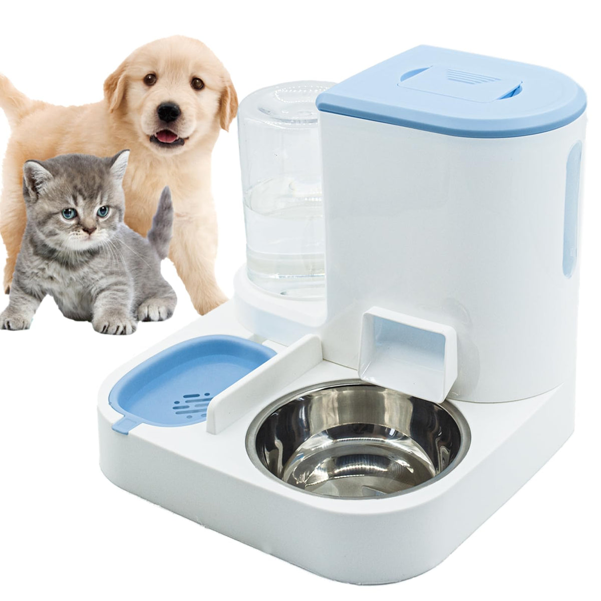 MUYG 2 in 1 Automatic Cat Feeder and Water Dispenser Combo,All-in-One Dog Food and Water Dispenser Set with Stainless Steel Food Bowl Detachable Gravity Feeder for Cat Kitten Small Dog(Yellow)