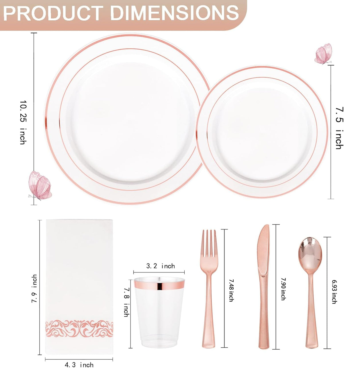 Supernal 200pcs Rose Gold Plastic Dinnerware included Disposable Flatware& Plastic Party Plates Disaposable Cups and Napkins,Perfect for Party,Birthday and Wedding