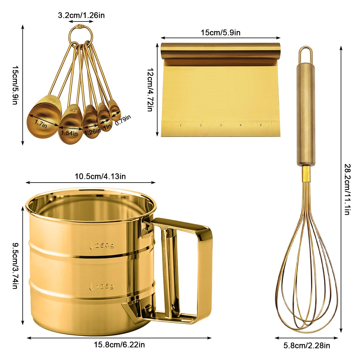 Gold Flour Sifter Baking Tool Set, findTop Stainless Steel 4-Piece Kit with 10" Whisk, Dough Scraper & 5 Measuring Spoons, Mirror Polished, Easy to Clean, for Cake Bread Cookie Prep