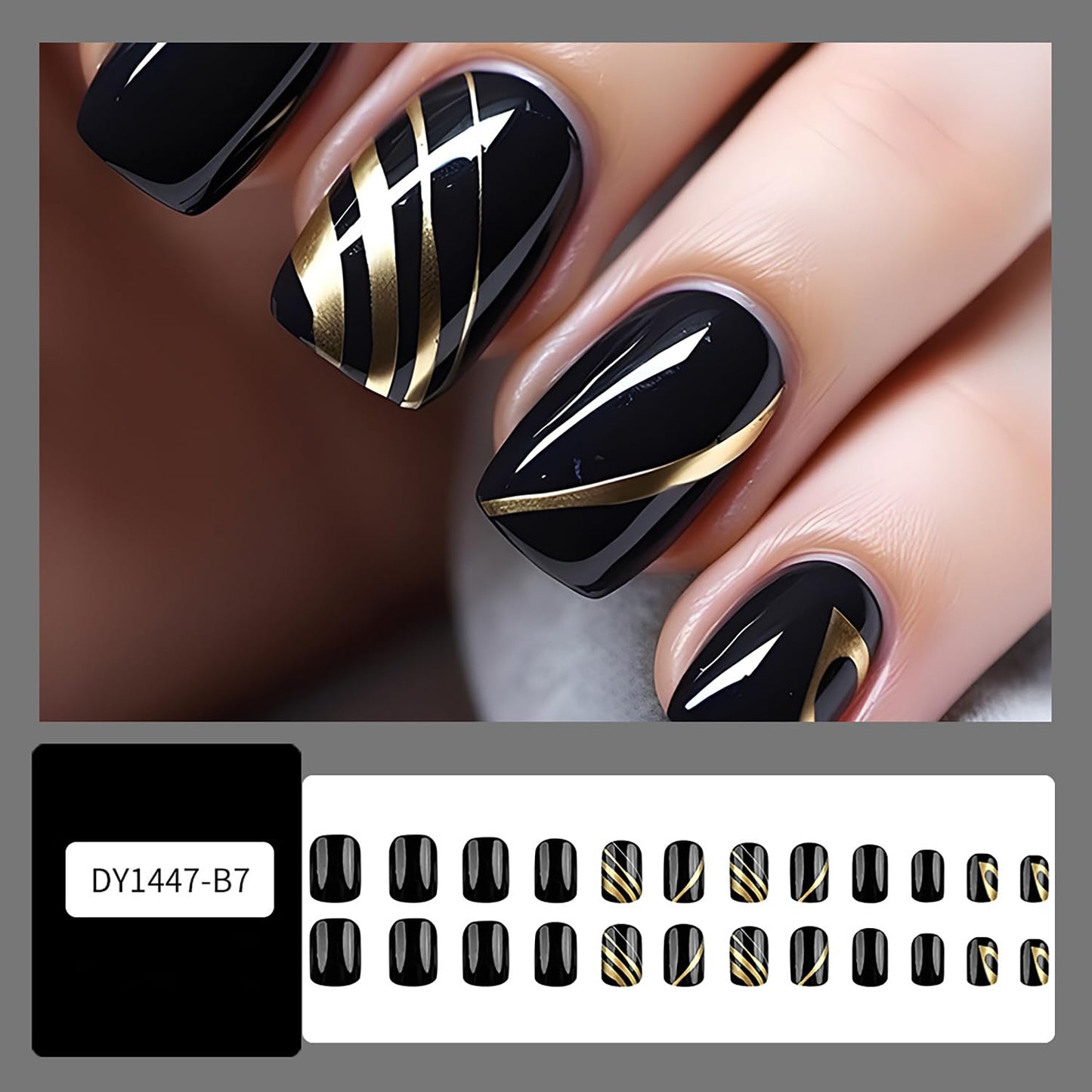 Press On Nails - Short Black False Nails with Gold Lines Design, Square, Full Cover, Glossy Acrylic, French Artificial, Reusable Glue on Nails for Women's Manicure Kit