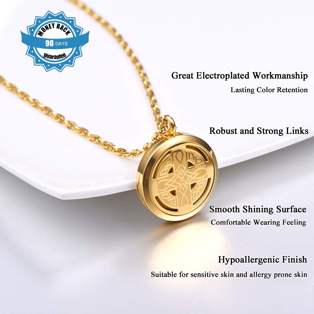 PROSTEEL Diffuser Necklace Locket Essential Oil Aromatherapy Celtic Knot Cross Pendant Gold Plated 30mm Round Womens Jewelry