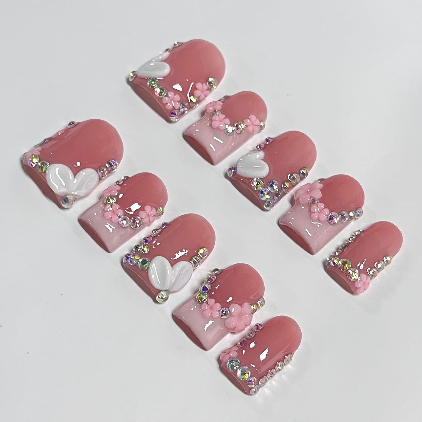 French Tip Press on Nails Handmade Short Square 3D Thick Acrylic Nails Pink False Nails with Flower Rhinestones Designs Cute Floral Fake Nail Sturdy Art Press on Nail 10Pcs(M)