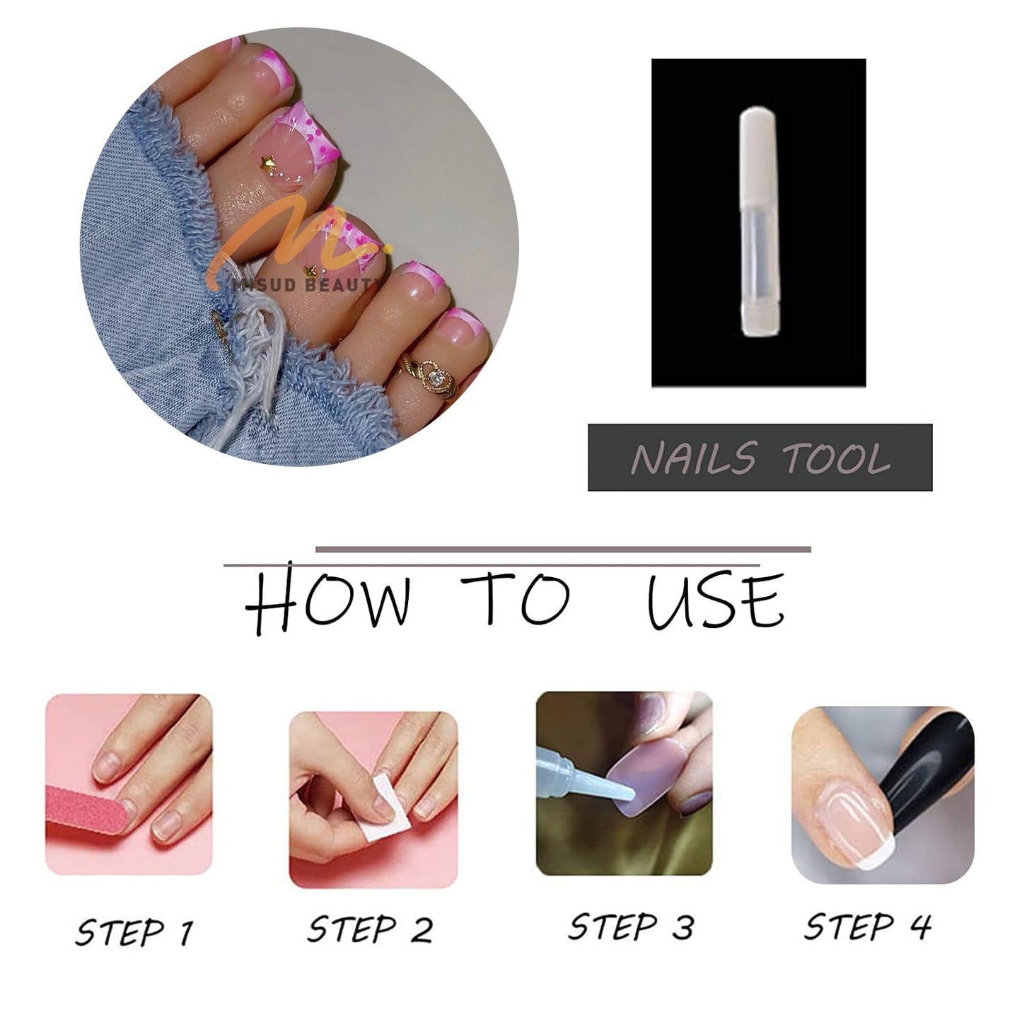 MISUD Press on Toenails - Fake Toe Nails with Pink French Tip, Acrylic Toenail 3D Shell Design 24 pcs