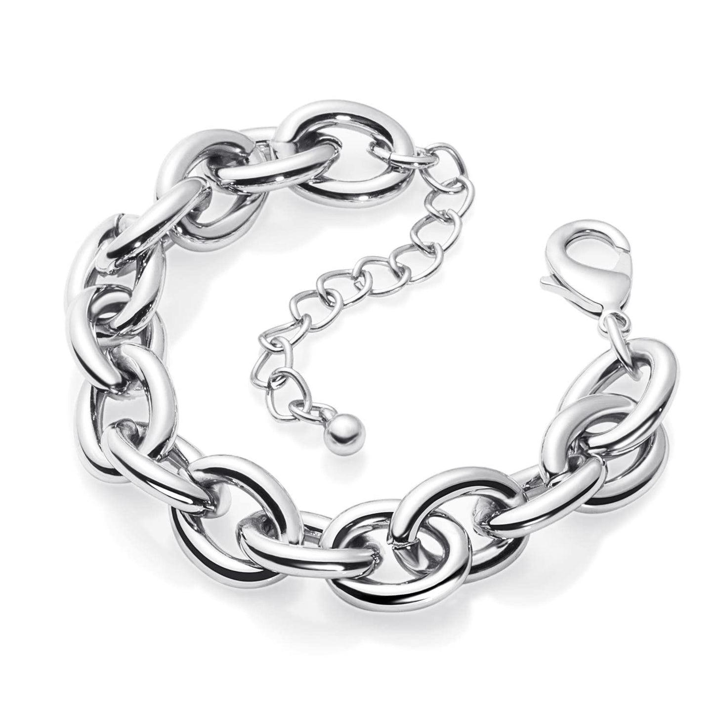LANE WOODS Silver Bracelets for Women White Gold Plated Chunky Thick Large Link Chain Bracelet