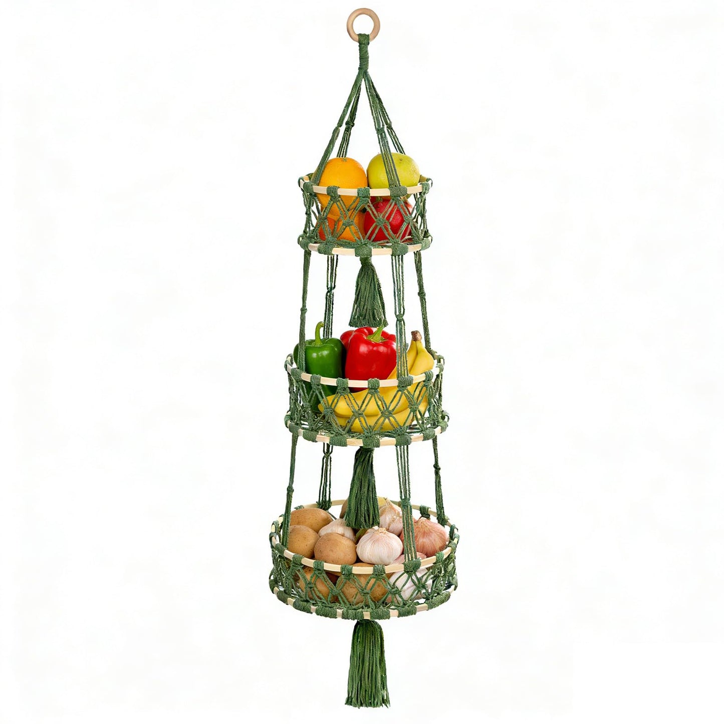 3 Tier Hanging Fruit Baskets for Kitchen, Macrame Plant Hanger Cotton Rope Handwoven Hammock Produce Storage Organizer Basket for Plants Holder, Vegetable, Onion, Potato (Green)