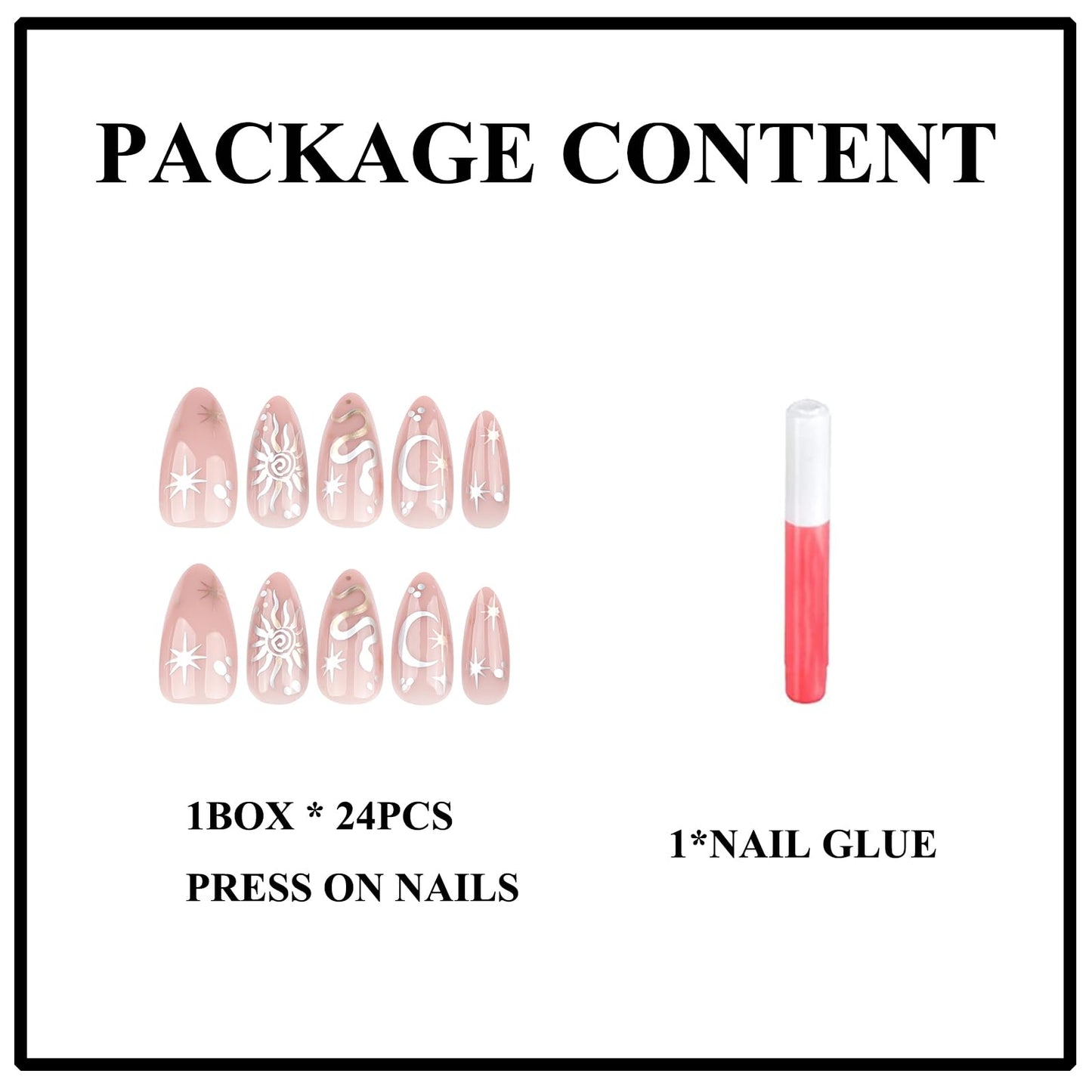 MERVF Almond Press on Nails Medium Fake Nails Nude Glue ons Star Sun Moon Snake Print Acrylic Stiletto False Nail Bohemian Design for Women Glossy 24pcs