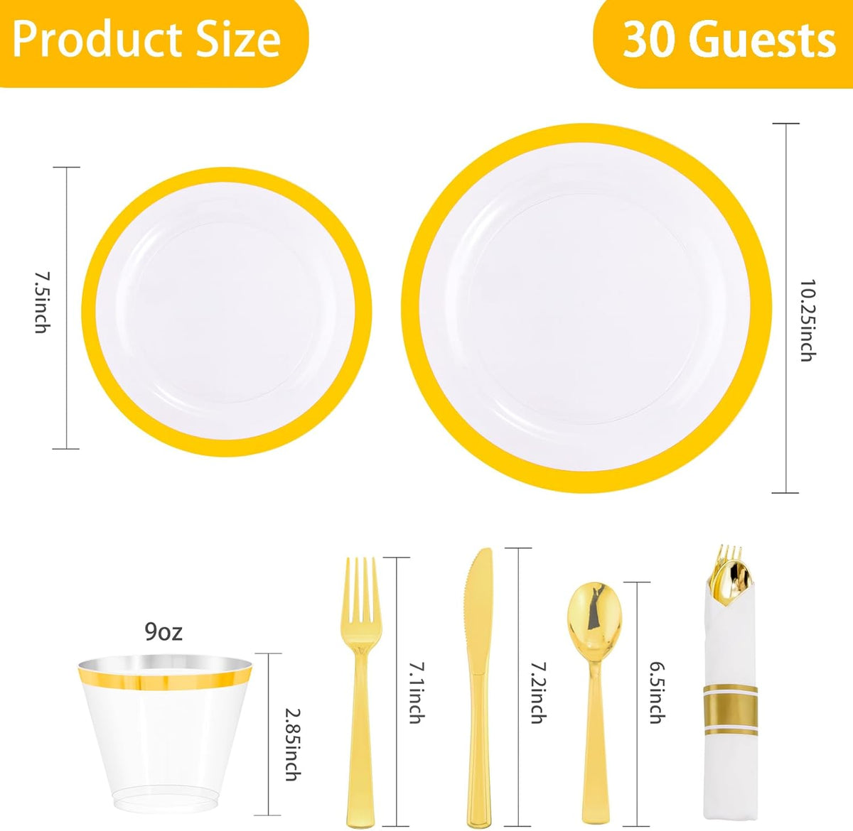 I00000 210 Pcs Clear Plastic Plates,Gold Disposable Plates,Include 30 Dinner Plates 10.25'',30 Dessert Plates 7.5'',30 Gold Rim Cups 30 Pre Rolled Napkins with Plastic Cutlery for Thanksgiving