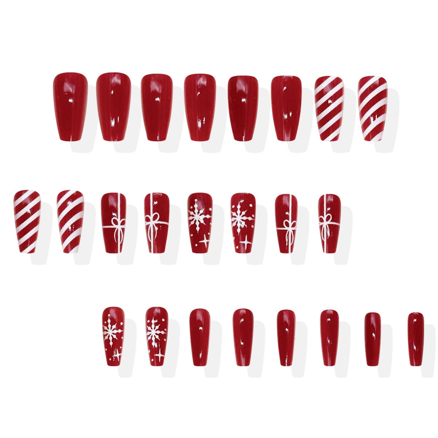IMSOHOT Press on Nails Long Coffin Fake Nails with White Snowflake Designs Red False Nails Acrylic Full Cover Stick on Nail for Women 24Pcs