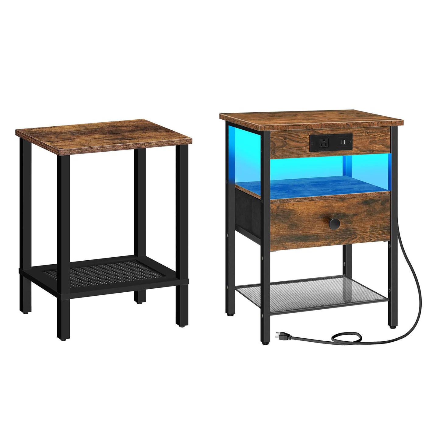 HOOBRO End Table and Nightstand Bundle, Small Side Table with 2-Tier Storage Shelves, End Table with Charging Station, BF91BZ01-BF209UDBZ01