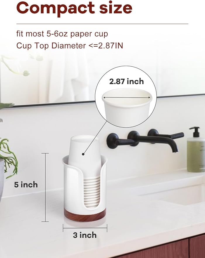 Premium Bathroom Cup Dispenser Countertop - Paper Cup Holder for 5 6 oz Bathroom Cups, Bathroom Storage Organization - PC/Walnut, Black, Pack of 1