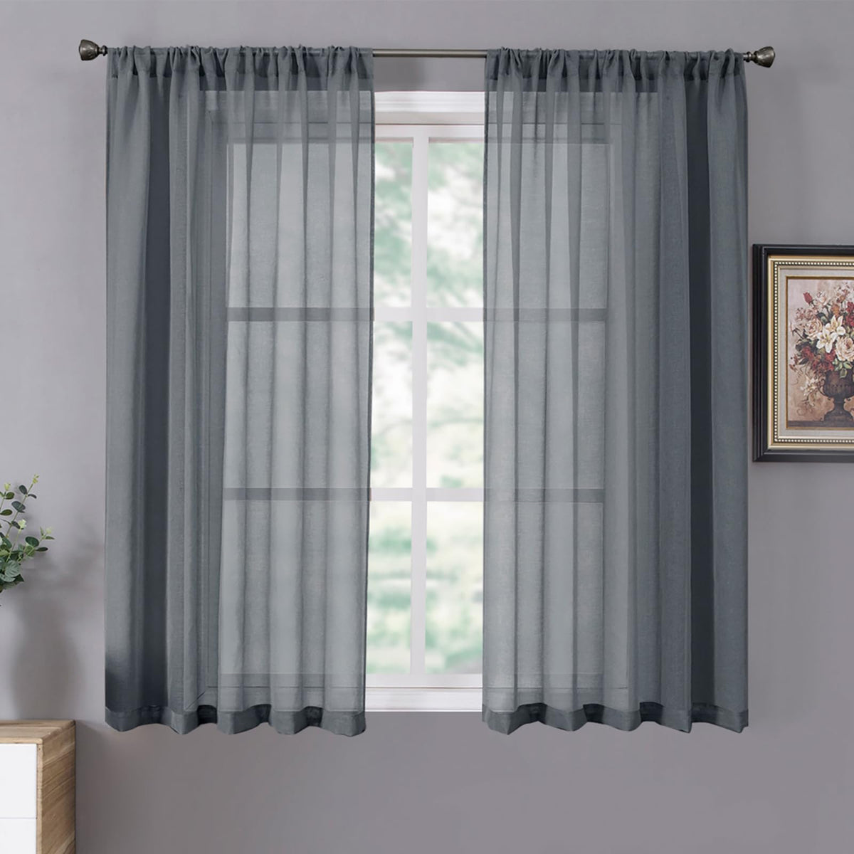 Short Sheer Curtain Linen Textured Living Room Curtains Sheer Light Filtering Rod Pocket Voile Curtain for Bedroom