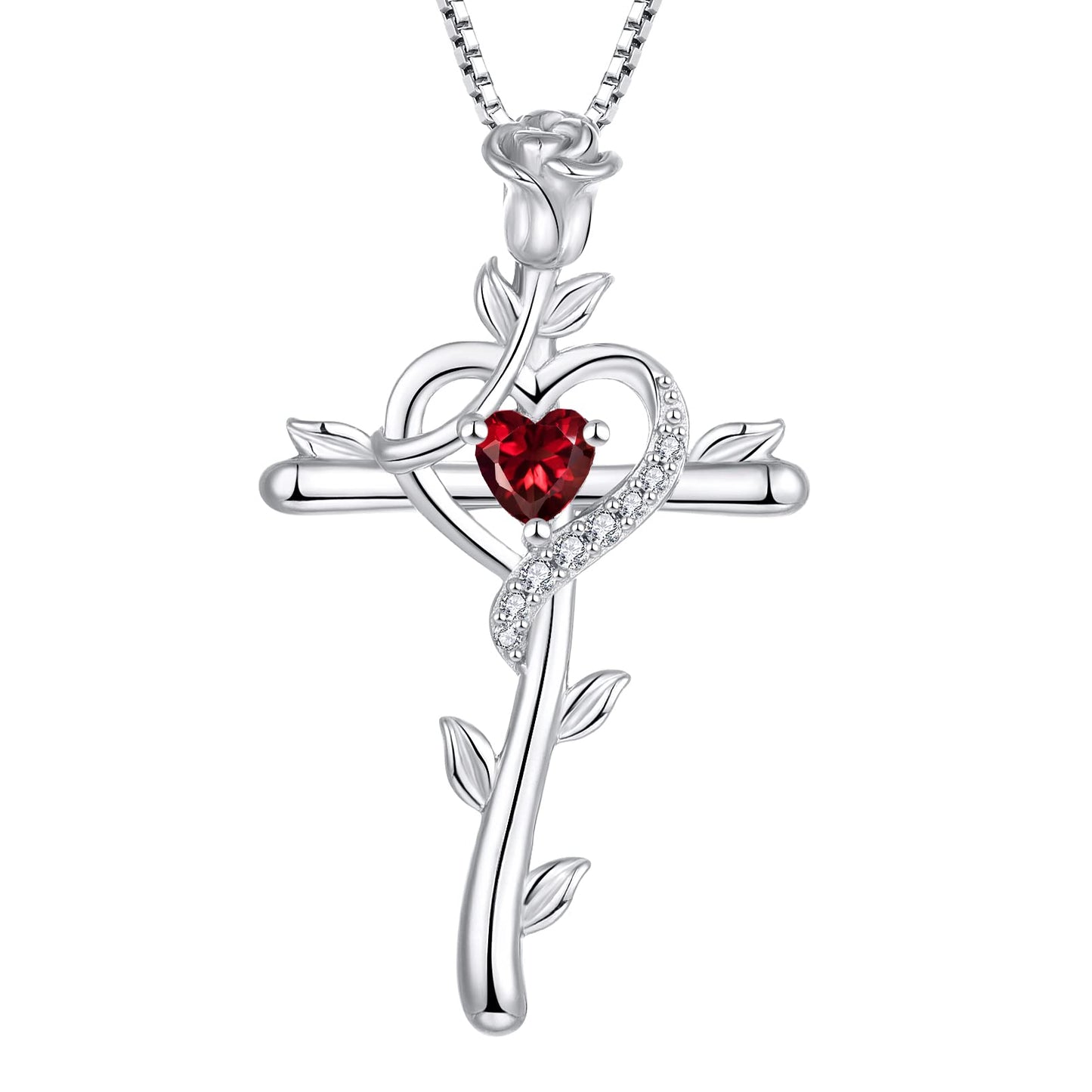 STARCHENIE Rose Cross Necklace 925 Sterling Silver Heart Crucifix Pendant Created Ruby Jewelry for Women