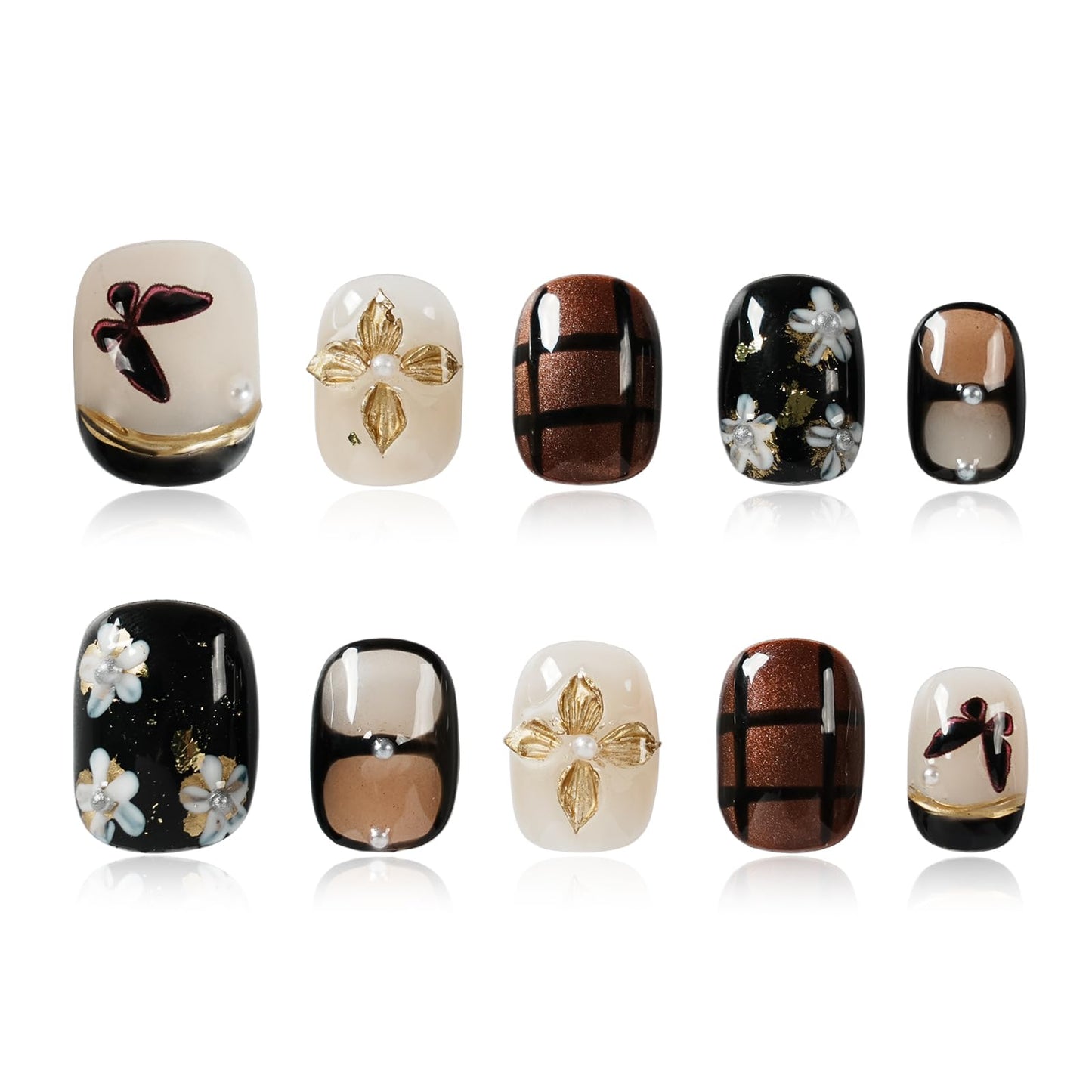 Tesytto 3D Gold Butterfly Press on Nails Short Square - Handmade Flower & Pearl Design, Black Plaid Glossy Reusable False Nails (Vintage Black Gold,L)