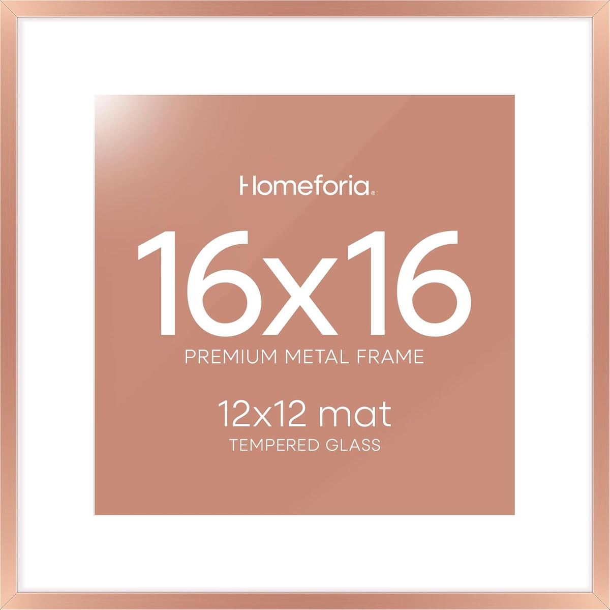 Homeforia 16x16 Picture Frame Rose Gold, High End Metal 16 x 16 Square Poster Frame with Mat 12 x 12 Photo, 16x16 Frame Matted to 12x12 Print, 16by16 Hanging Frames, Tempered Glass, Wall Kit, Set of 1