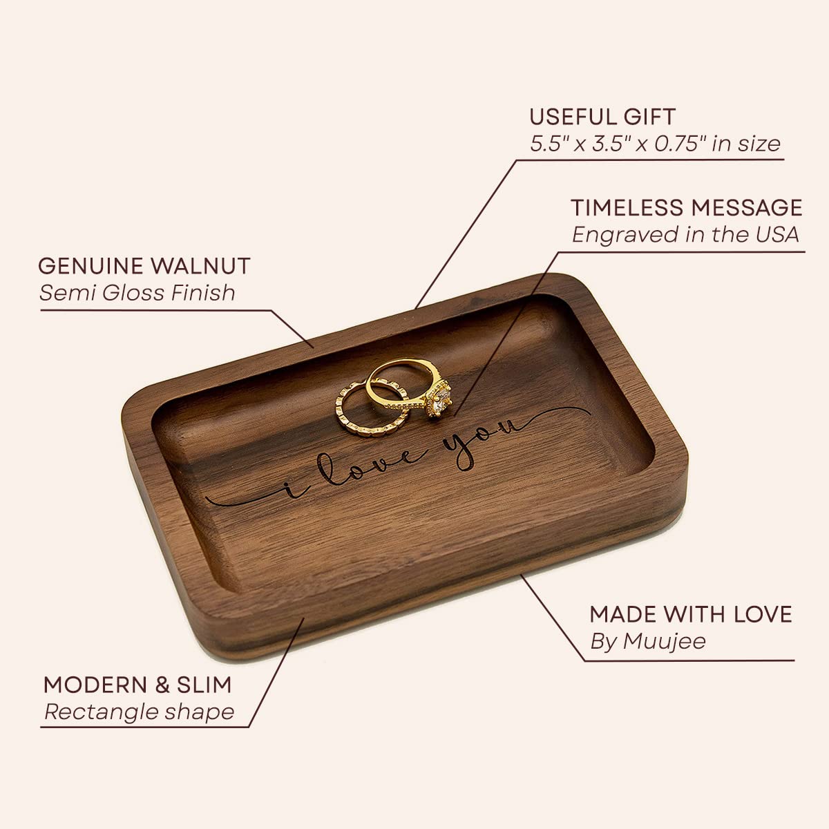 MUUJEE I love you Ring Dish - Engraved Rectangle Wood Tray Small Jewelry Dish 5 Year Wedding Anniv Gifts Ideas - 5.5" x 3.5" (I Love You)