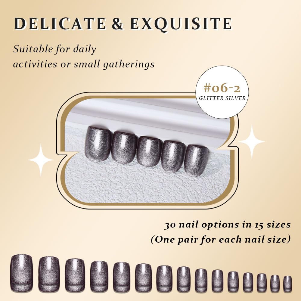 evpct Glitter Pearl Silver Cat Eye Press on Nails Square, Short Square Stick on Nails for Women Gift, Glitter Metallic Shimmer Silver Reusable Gel Press on Acrylic Fake Nail with Designs