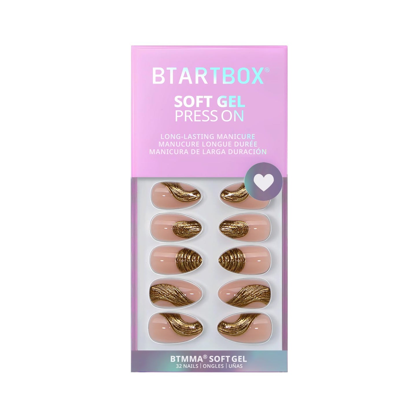 BTArtbox Press On Nails Short - Gold Rush, 3D Sculpting Metallic Almond Press On Nails with Glue and Adhesive Tabs for Women in 16 Sizes - 32 Soft Gel Glue On Nails Kit