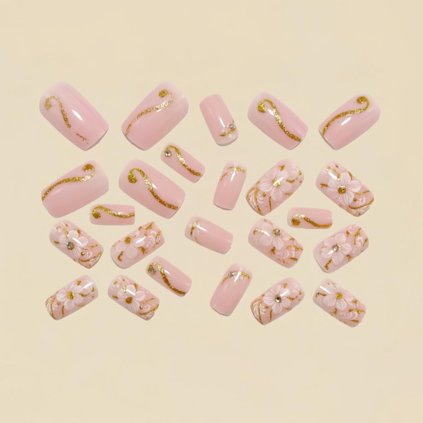 Medium Square Nails Pink Base White Floral Patterns Gold Foil Stripes White Bare Diamonds Decorations Glue on Nails Glossy Surface Fashion Style Manicure Artificial Nails Spring Vibe 24 Pcs