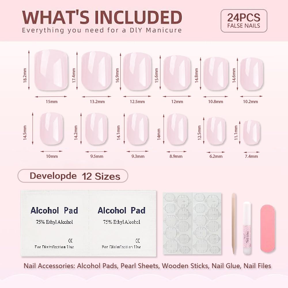 Short Square Press On Nails, Soft Gel Reusable Fake Nails, Pink and Black Glossy Nails with Silver Accent, DIY Salon Manicure, Natural Short Stick On Nails for Women & Girls, 24PCS Set