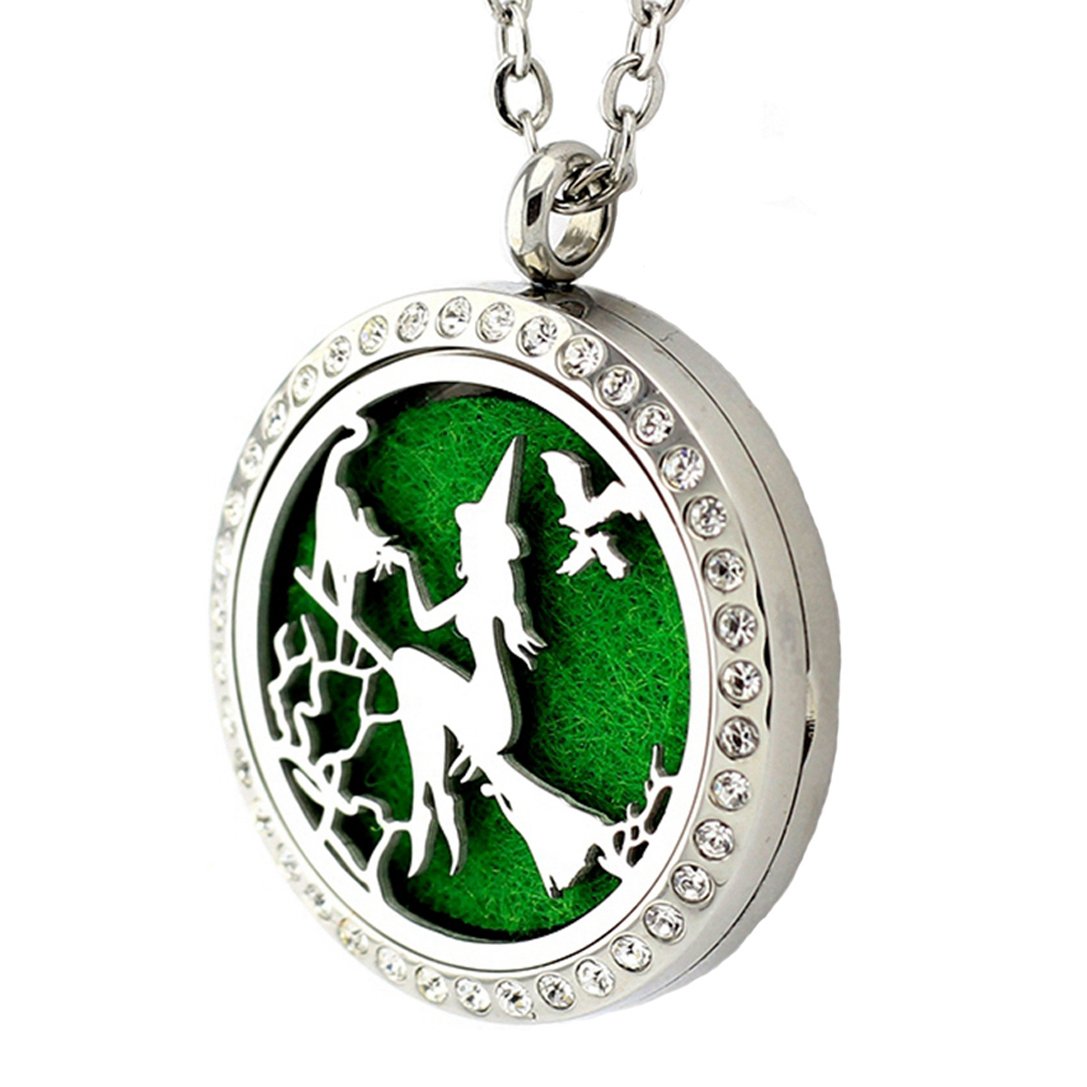 Popeoiuh Essential Oil Diffuser Necklace for Birthday Christmas- Aromatherapy Crystal Jewelry Stainless Steel Halloween Magic Witch Locket Pendant with 24'' Chain 8 Washable Refill Pads Gift